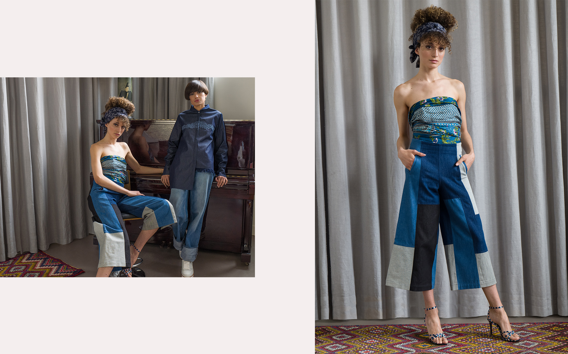 pantalon large court cropped patchwork denim jeune créateur écharpe de soie foulard en soie bustier sandales multicolores Zara