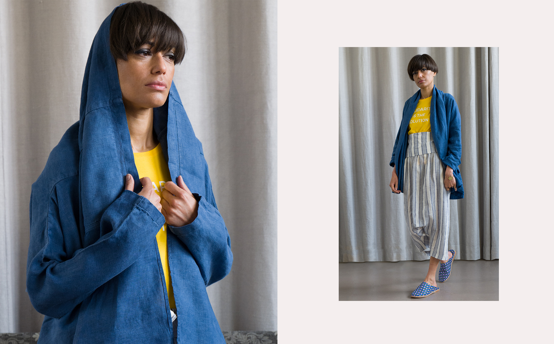 R1010339 pantalon sarouel à rayures Anissa Aïda, kimono Bleu de Cocagne, babouches imprimées Djebeli, babouches de ville, mode ethnique chic, Affaires Étrangères